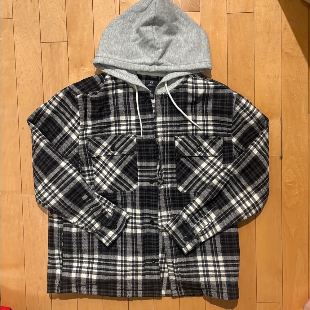 H&M Black and Gray Plaid Jacket with Hood